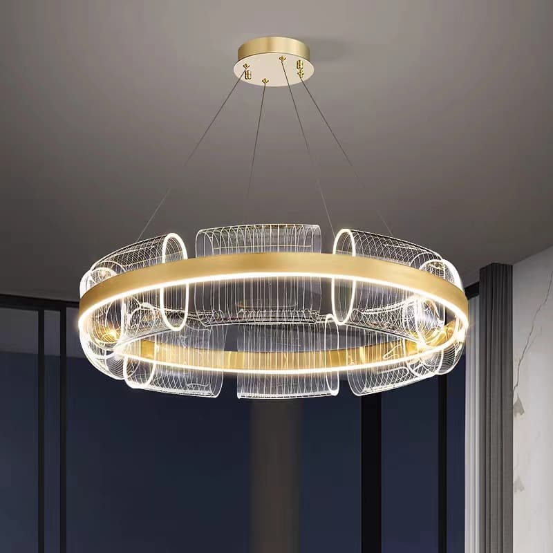 Circular LED Ceiling Lamp with Gold Frame – Nordic Modern Chandelier for Living Room & Dining. - View 1
