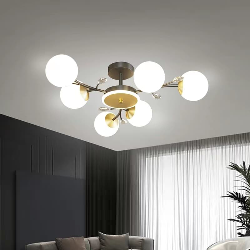 Premium Black & Gold Flush 6-Head Mount Chandelier for Home Interiors. - View 1