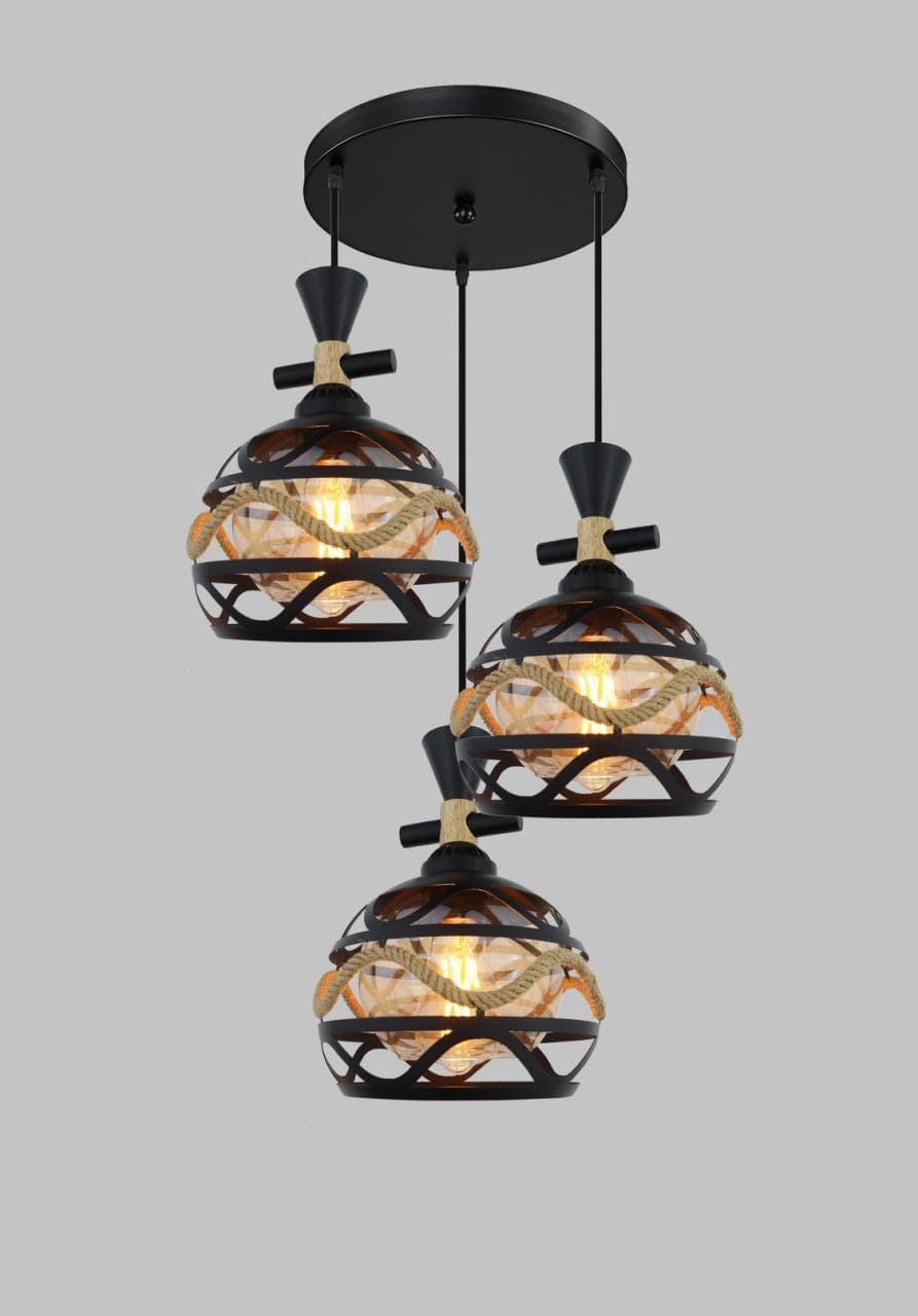 Triple Head Droplight Chandelier – Black Metal & Rope Pendant Light for Warm Home Ambience. - View 1