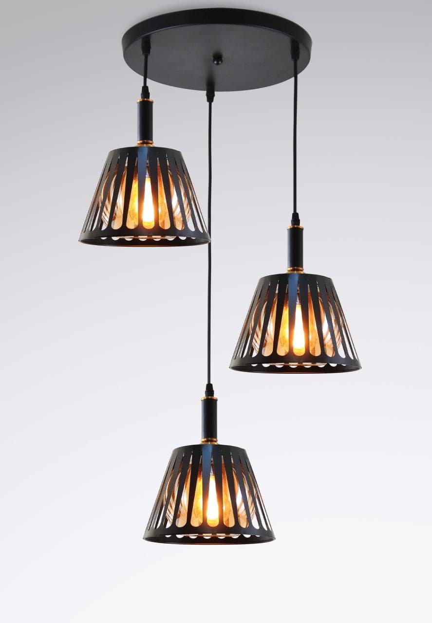 Industrial Triple Hanging Drop Light with Vertical Slit Shades. - View 1