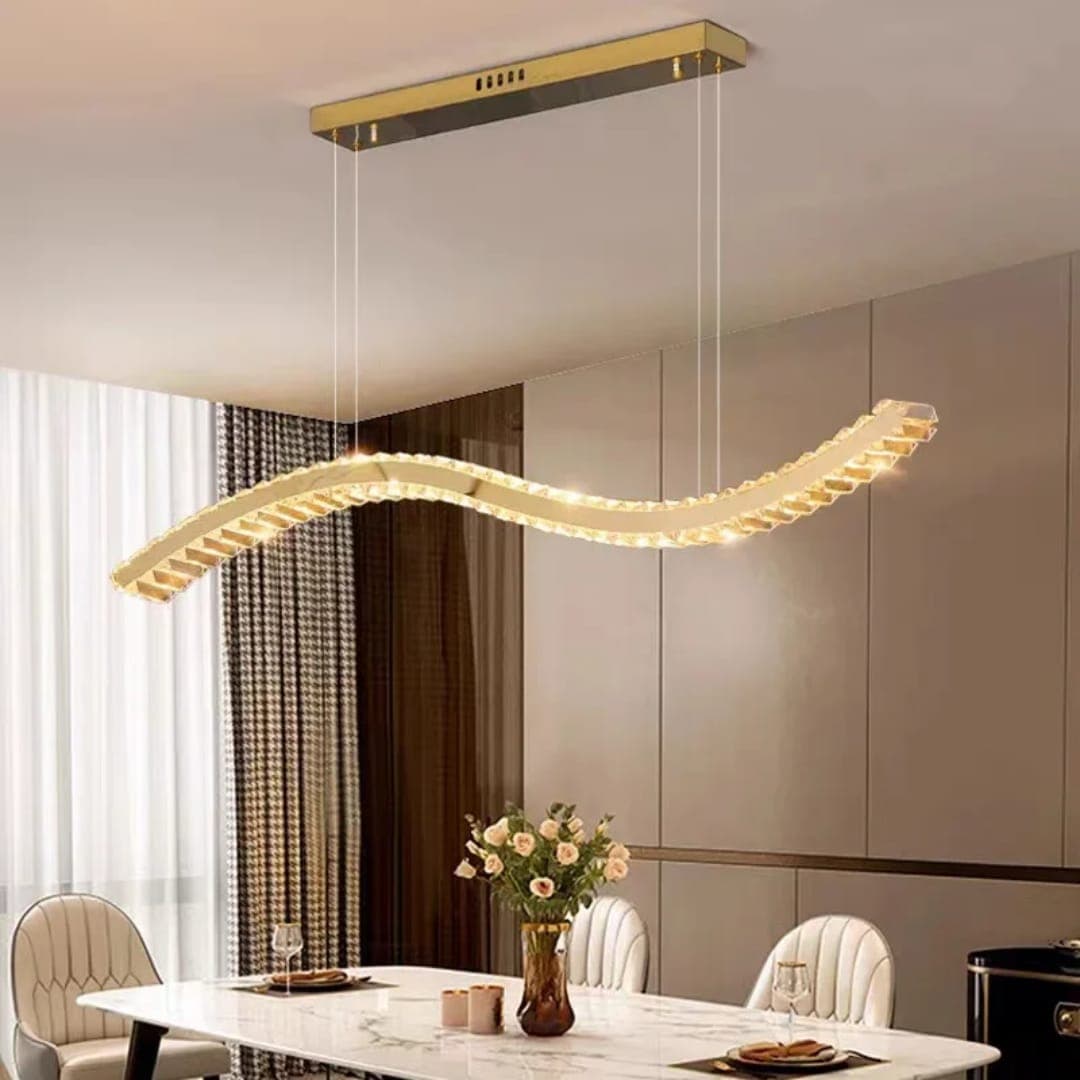 Modern Luxury Gold Wave LED Chandelier | Linear Crystal Pendant Light for Dining Room & Kitchen Island. - View 1