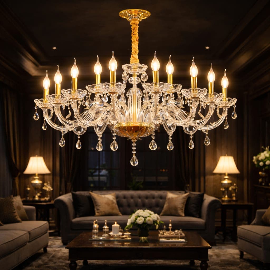 Large Crystal Chandelier for High Ceiling Living Room – Gold Luxury Ceiling Light. - View 1
