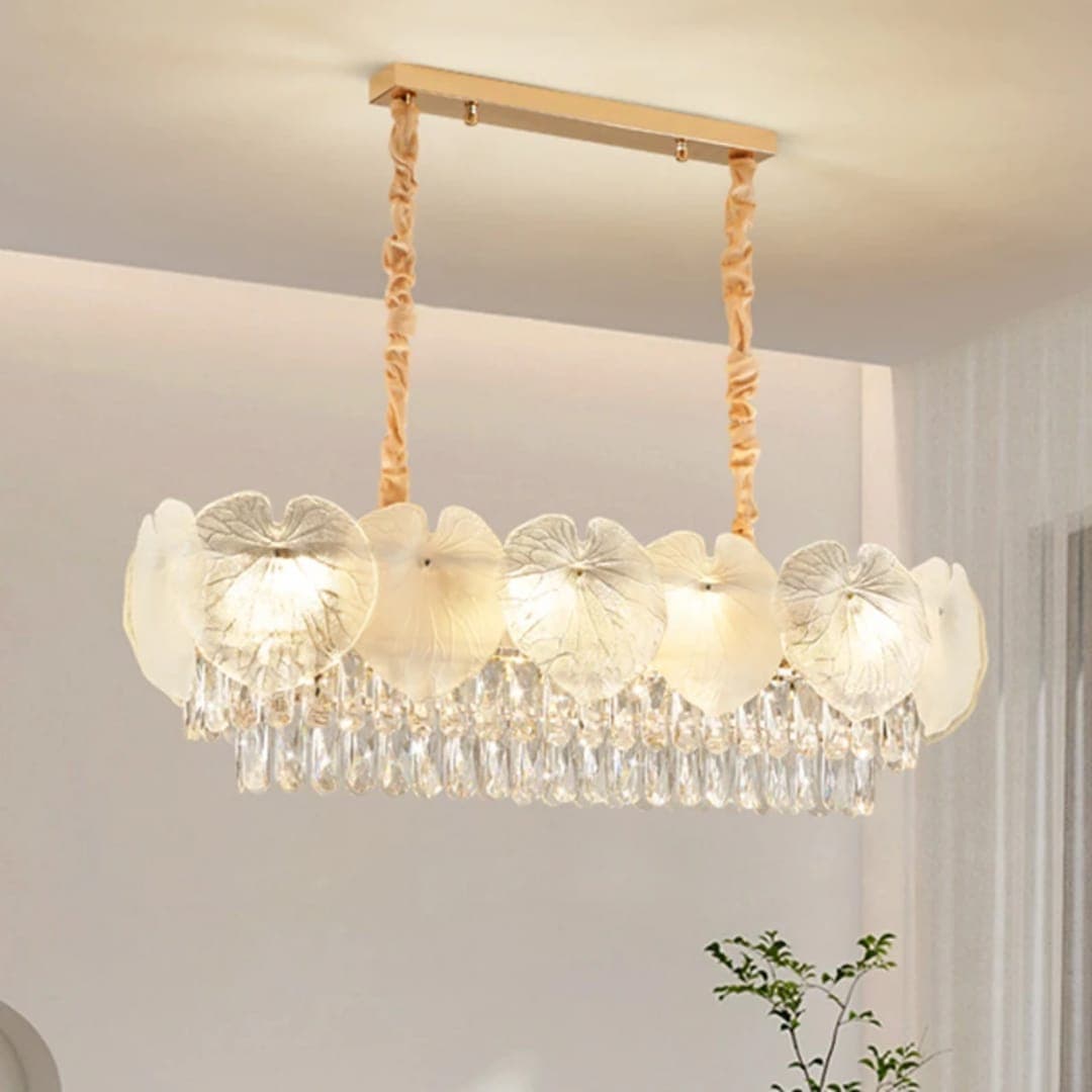 Nordic Gold Flower Crystal Chandelier | Luxury Rectangular Dining Room Ceiling Light. - View 1