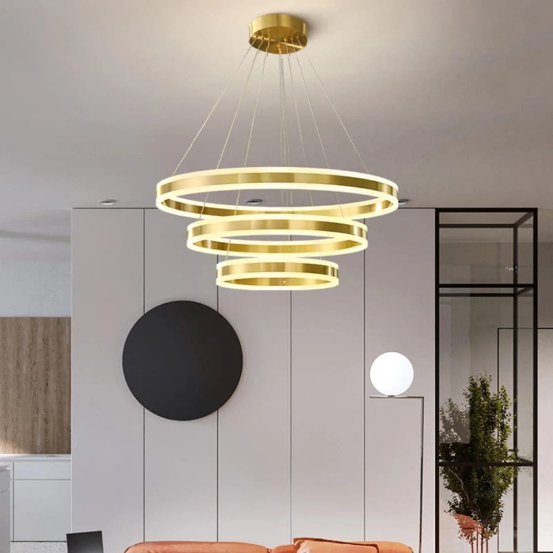 Gold Multi-Ring LED Chandelier | Modern 3-Ring Tiered Circular Pendant Ceiling Light. - View 1