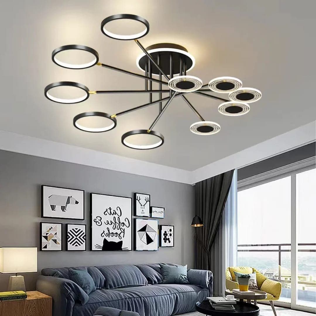 Nordic 10-Ring LED Chandelier – Modern Black Ceiling Light for Dining & Living Rooms. - View 1