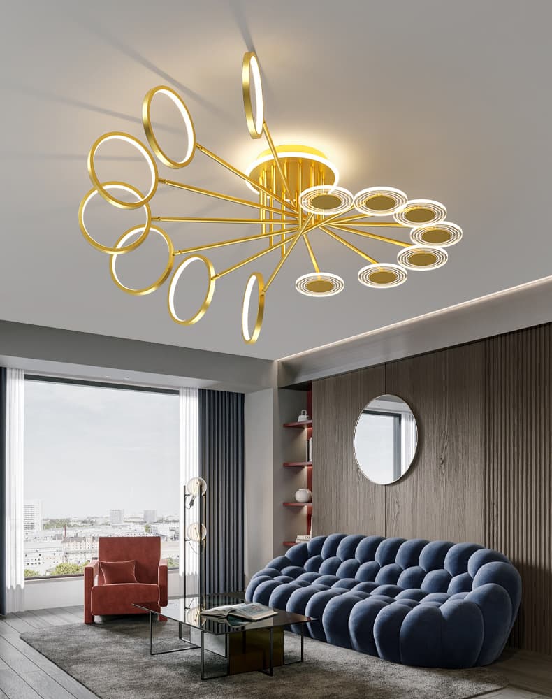 Luxury Nordic 14-Ring LED Chandelier – Gold Multi-Ring Ceiling Light for Living & Dining Rooms. - View 1