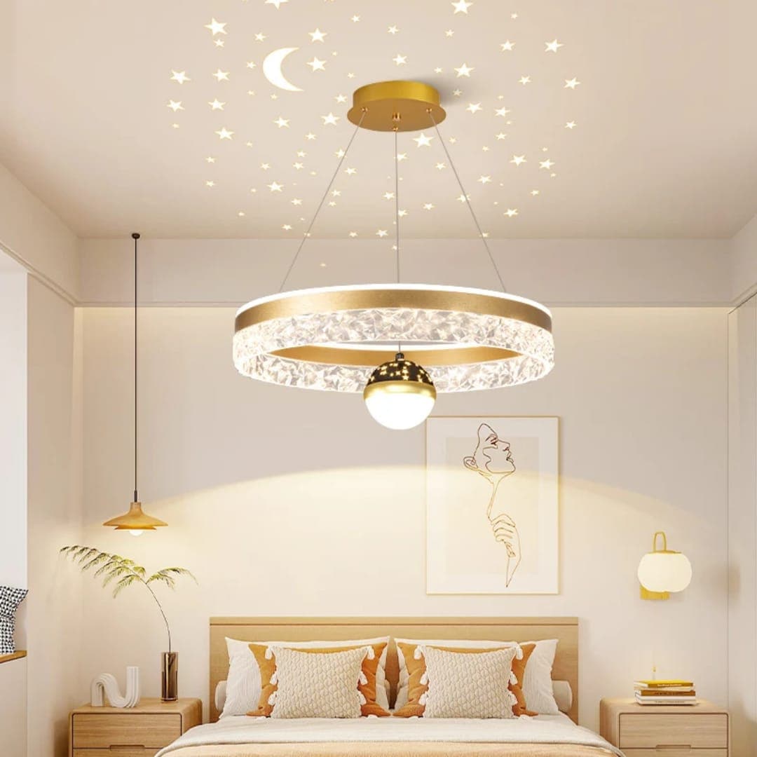 Gold 2-in-1 Nordic LED Chandelier with Moon & Star Projection – Modern Pendant Light. - View 1