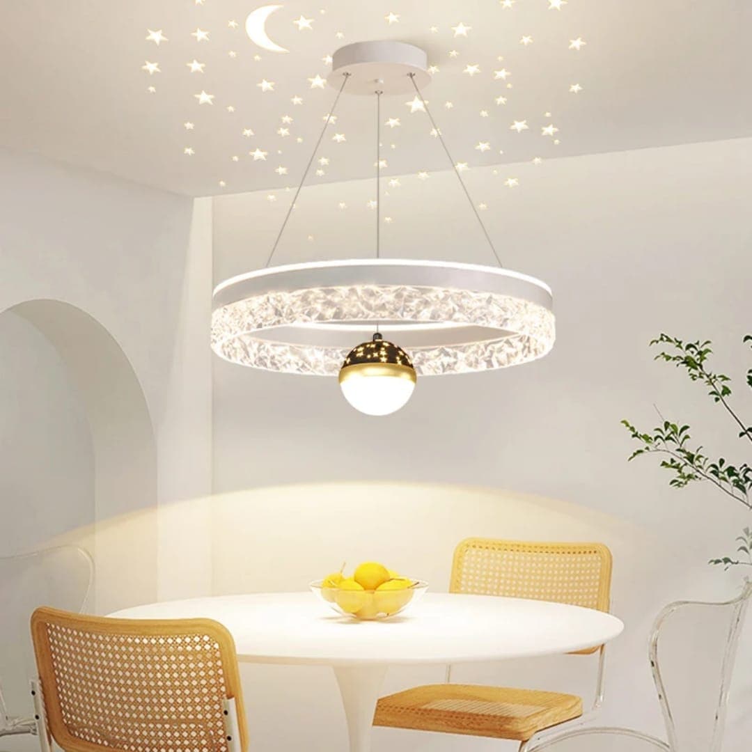 Crystal Silver Ring Chandelier with Moon and Star Projector. - View 1