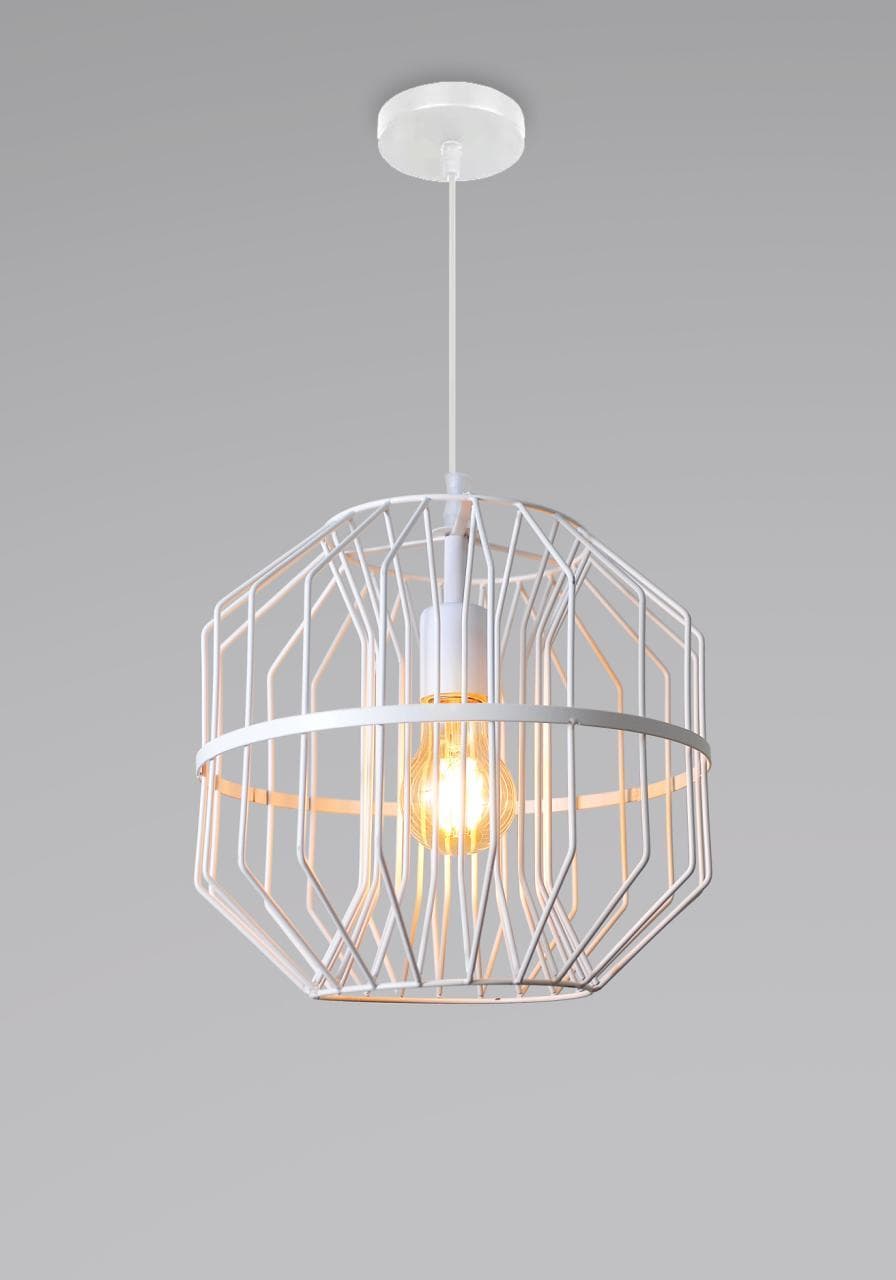 White Metal Cage Pendant Light | Modern Industrial Hanging Drop Lamp. - View 1