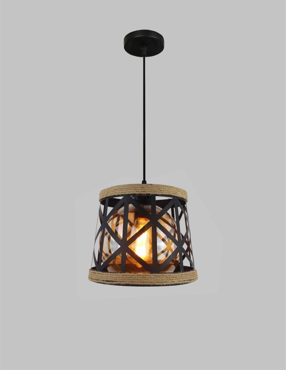 Rustic Black Cage Pendant Light – Modern Industrial Rope Drop Light for Living Room. - View 1