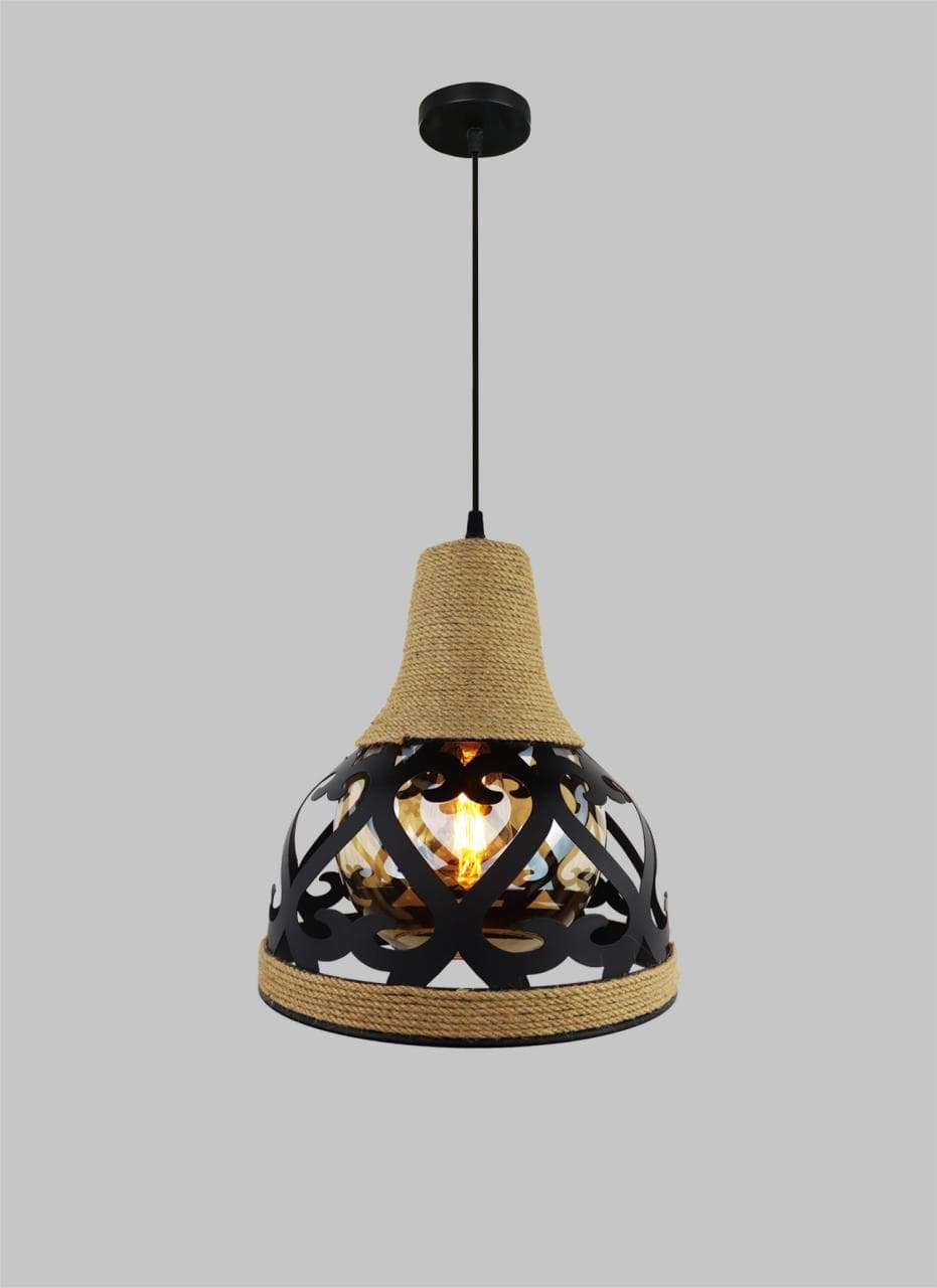 Artistic Industrial Pendant Light with Rope Trim and Metal Cage. - View 1